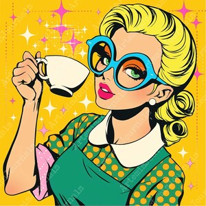 May include: Pop art illustration of a woman with blonde hair, large blue glasses, and red lipstick holding a white teacup. She wears a green dress with yellow polka dots and a white collar. The background is yellow with starbursts.