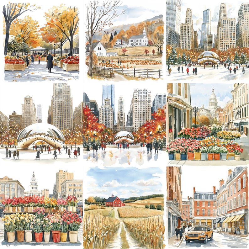 a series of four pictures of a city