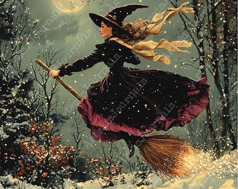 JPEG Vintage Night Witch Graphics Lithograph Papers Vintage Witch Halloween Pagan Art Instant Download Paper Craft Junk Journal Scrapbooking