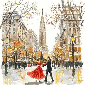 May include: A watercolor painting of a couple dancing in a city street. The man is wearing a dark suit and the woman is wearing a red dress. The background features buildings and trees in autumn colors.