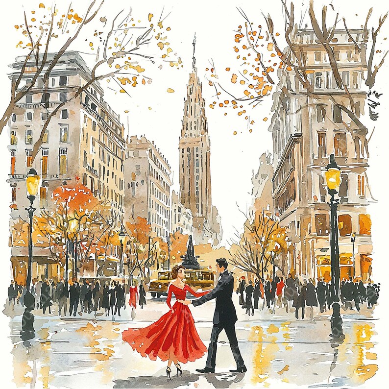 May include: A watercolor painting of a couple dancing in a city street. The man is wearing a dark suit and the woman is wearing a red dress. The background features buildings and trees in autumn colors.