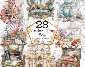Puede incluir: Un conjunto de 28 ilustraciones de acuarela con un tema submarino. Las ilustraciones incluyen un sillón cubierto de conchas marinas, una tetera, una taza de té, un castillo de arena, un cofre y una pila de conchas marinas.