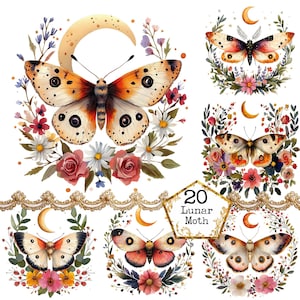 PNG + JPEG Aquarell Lunar Moth Clipart Bundle Frühling Clipart mystische Motten Art Instant Download Papier Handwerk Junk Journal Scrapbooking