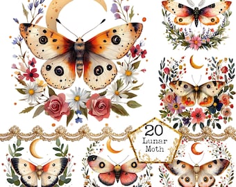 PNG + JPEG  Watercolor Lunar Moth Clipart Bundle Spring Clipart Mystical Moths Art  Instant Download Paper Crafts Junk Journal Scrapbooking