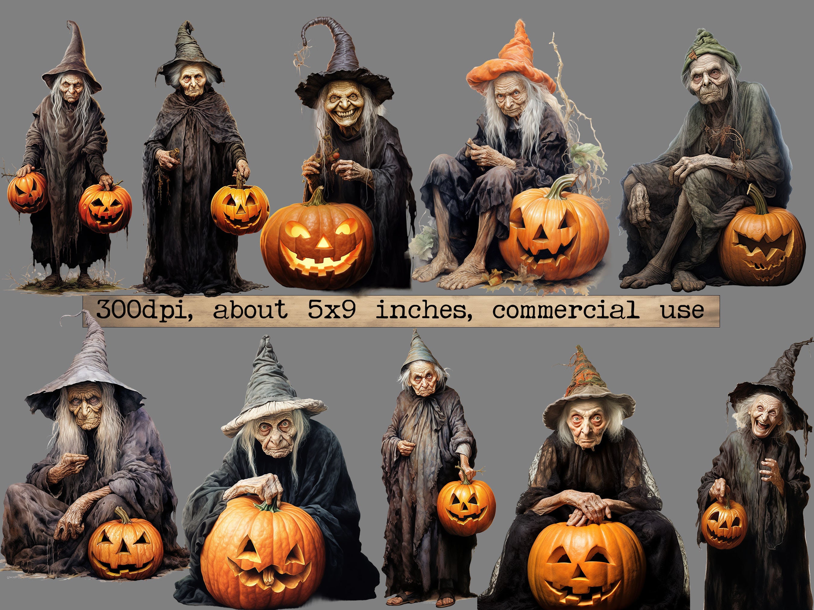 PNG Old Witch Watercolor Clipart Bundle Pumpkin PNG Fantasy Clipart ...