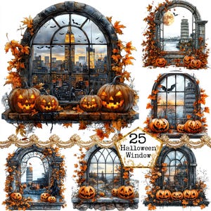Aquarelle Halloween fenêtre vue sur une ville romantique JPEG Paris Rome Pise New York Commercial JPEG artisanat papier Junk Journal Scrapbooking
