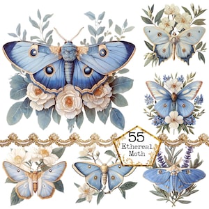 PNG + JPEG Aquarell Blumen Motte Clipart Bundle Frühling Clipart mystische Motten Art Instant Download Papier Handwerk Junk Journal Scrapbooking