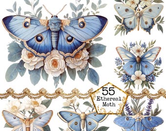 PNG + JPEG Watercolor Floral Moth Clipart Bundle Spring Clipart Mystical Moths Art Instant Download Paper Crafts Junk Journal Scrapbooking