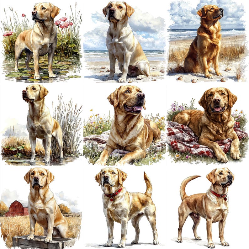 May include: A collection of nine Labrador Retriever dog illustrations. The dogs are depicted in various poses and settings, including a beach, a field, and a forest. The illustrations are done in a realistic style with detailed fur and facial expressions.
