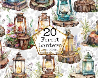 May include: Watercolor illustration featuring 20 forest lanterns in various colors, including blue, green, and brown. Each lantern is set on a wooden base and surrounded by flowers and foliage. The text "20 Forest Lantern" is displayed.