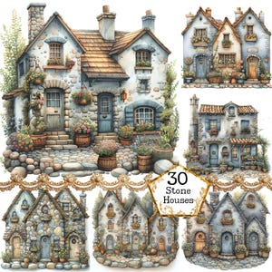 JPEG Acquerello Case a schiera in pietra Clipart Clipart bundle Casa d'epoca Cottagecore Download immediato Artigianato di carta Diario spazzatura Scrapbooking