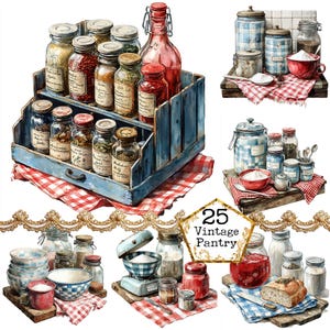 Pacote de clipart de potes e latas xadrez rústicos da vovó em JPEG Vintage Pantry, aquarela, download instantâneo, artesanato em papel, diário de sucata, scrapbooking