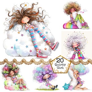 JPEG aquarelle originale fille sur un nuage Clipart Bundle fille lunatique éphémères art téléchargement immédiat papier artisanat indésirable journal scrapbooking