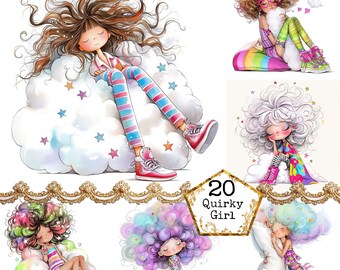 May include: A set of illustrations showcasing quirky girls in various poses. The girls have distinctive hairstyles and wear colourful outfits. They are often seen resting on clouds, creating a whimsical and dreamy atmosphere.