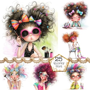 Può includere: Un collage digitale di 6 illustrazioni di ragazze originali con capelli, trucco e accessori colorati. Le ragazze indossano tutte gli occhiali e hanno espressioni diverse. Il testo "25 Quirky Girl" è al centro dell'immagine.