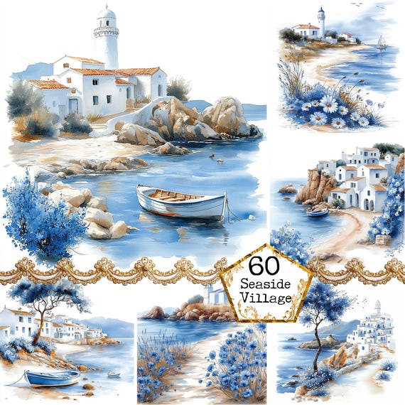 JPEG Watercolor Seaside Village Clipart bundle Summer Clipart Harbor Village Clipart Instant Download Paper Crafts Junk Journal Scrapbooking