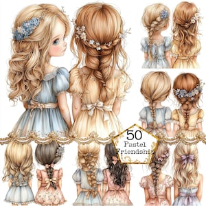 JPEG-aquarel Little Spring Girls Best Friends Clipart-bundel vriendschap Clipart Instant Download Paper Crafts Junk Journal Scrapbooking