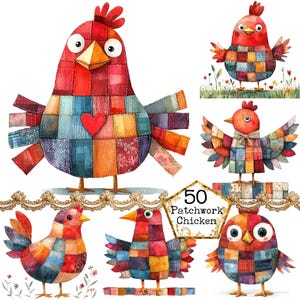 PNG + JPEG Aquarell Patchwork Huhn Clipart Bundle wunderliche Hahn lustiger Vogel Sofortiger Download Papier Handwerk Junk Journal Scrapbooking