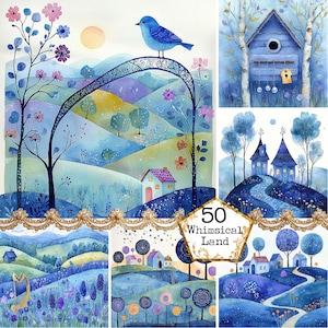 JPEG Paysage fantaisiste Graphiques pays fantaisiste dans le blues Aquarelle douce Téléchargement instantané Créations en papier Journal indésirable Scrapbooking
