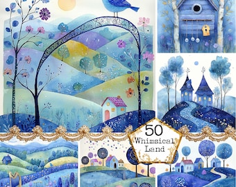 JPEG Whimsical Landscape Graphics Whimsical Land in Blues Soft Watercolor Art Instant Download Paper Crafts Junk Journal Scrapbooking