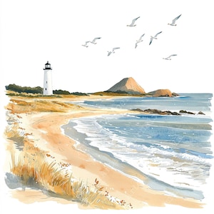 K&ouml;nnte beinhalten: Ein Aquarellbild eines wei&szlig;en Leuchtturms an einem Sandstrand mit blauen Ozeanwellen und einem kleinen H&uuml;gel im Hintergrund. Mehrere M&ouml;wen fliegen &uuml;ber.