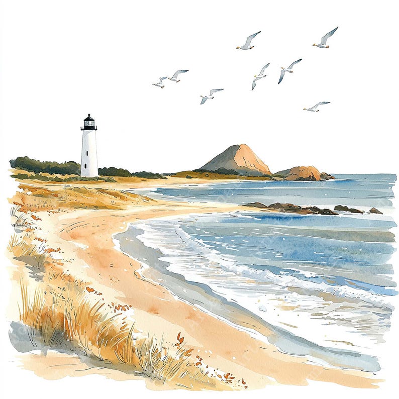 K&ouml;nnte beinhalten: Ein Aquarellbild eines wei&szlig;en Leuchtturms an einem Sandstrand mit blauen Ozeanwellen und einem kleinen H&uuml;gel im Hintergrund. Mehrere M&ouml;wen fliegen &uuml;ber.