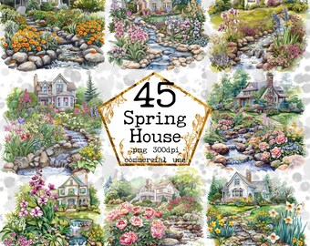 May include: A digital collage of nine watercolor illustrations featuring charming houses with lush gardens and flowing streams. Each scene depicts a different house style with vibrant flowers and greenery. The text "45 Spring House" is displayed in a gold frame.