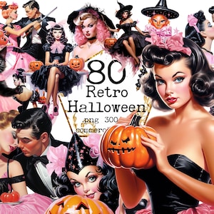 ピンナップガール ハロウィーン クリップアート ヴィンテージ エフェメラ レトロ ピンナップ レトロ画像 50 年代画像、1950 年代ライフスタイル、ジャンクジャーナル スクラップブッキング ペーパークラフト
