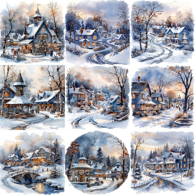 JPEG Watercolor Little Winter Village JPEG Instant Download Winter ...