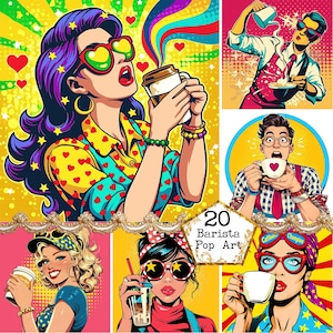 May include: A collection of pop art illustrations featuring baristas and coffee. The images showcase colorful portraits of people enjoying coffee, wearing sunglasses, and holding cups. The art style is vibrant, with bold lines and a retro comic book aesthetic.