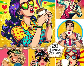 May include: A collection of pop art illustrations featuring baristas and coffee. The images showcase colorful portraits of people enjoying coffee, wearing sunglasses, and holding cups. The art style is vibrant, with bold lines and a retro comic book aesthetic.