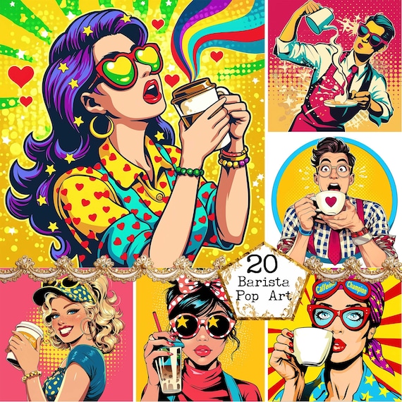 JPEG Pop Art Barista Clipart Pop Art Coffee Pop Art Backgrounds Instant Download Paper Crafts Junk Journal Scrapbooking