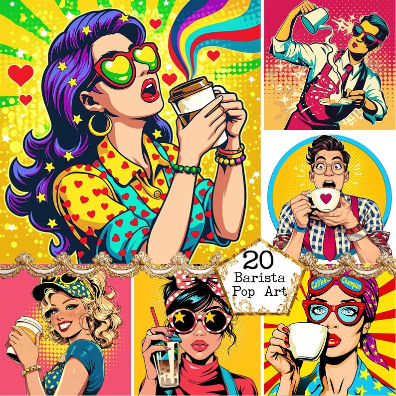 May include: A collection of pop art illustrations featuring baristas and coffee. The images showcase colorful portraits of people enjoying coffee, wearing sunglasses, and holding cups. The art style is vibrant, with bold lines and a retro comic book aesthetic.