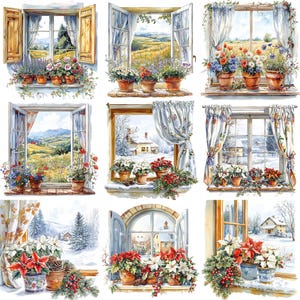 JPEG Watercolor Floral Window Clipart Bundle Spring Autumn Winter ...