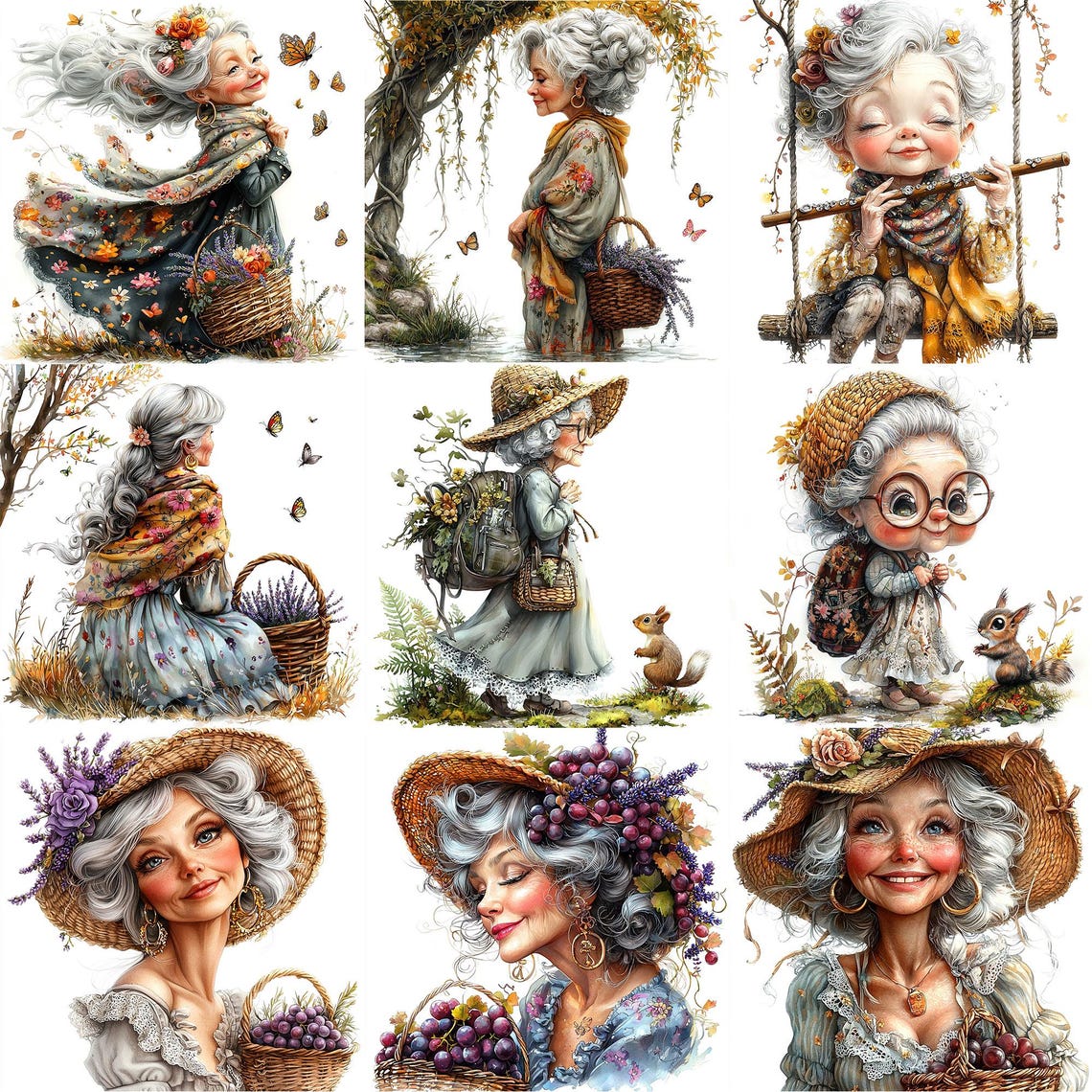 JPEG Watercolor Bohemian Granny Clipart Bundle Elderly Lady Funny ...
