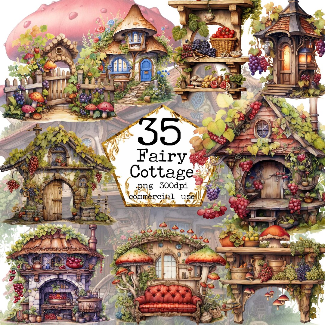 Mushroom Cottage Clipart Bundle Fairy House Clipart Cooking Stove Book ...