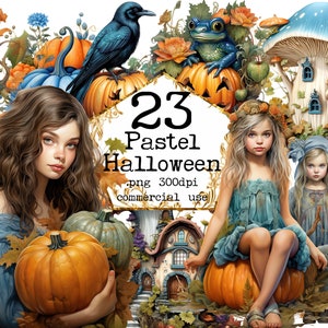 Pastell Halloween Clipart Bundle Kleines Halloween Mädchen PNG Spukhaus PNG Rabe PNG Halloween Kürbis Clipart Papier Handwerk Junk Journal