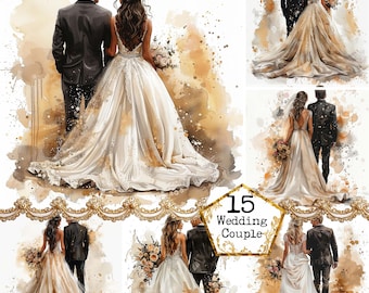 JPEG 14 Imágenes prediseñadas de pareja de bodas, invitación de boda, imágenes prediseñadas de acuarela imprimibles Descarga instantánea de artesanías de papel Diario basura Scrapbooking