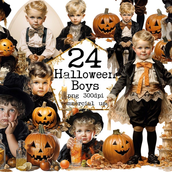 Retro Halloween Little Boys Clipart Bundle PNG Halloween Clipart Halloween Dinner Clipart VIctorian Kids Junk Journal Scrapbooking Cards