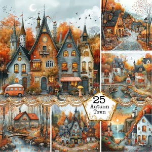 JPEG Quirky Whimsical Autumn City Scenery Graphics Bundle Uso commerciale Arte autunnale Download immediato Artigianato di carta Diario spazzatura Scrapbooking