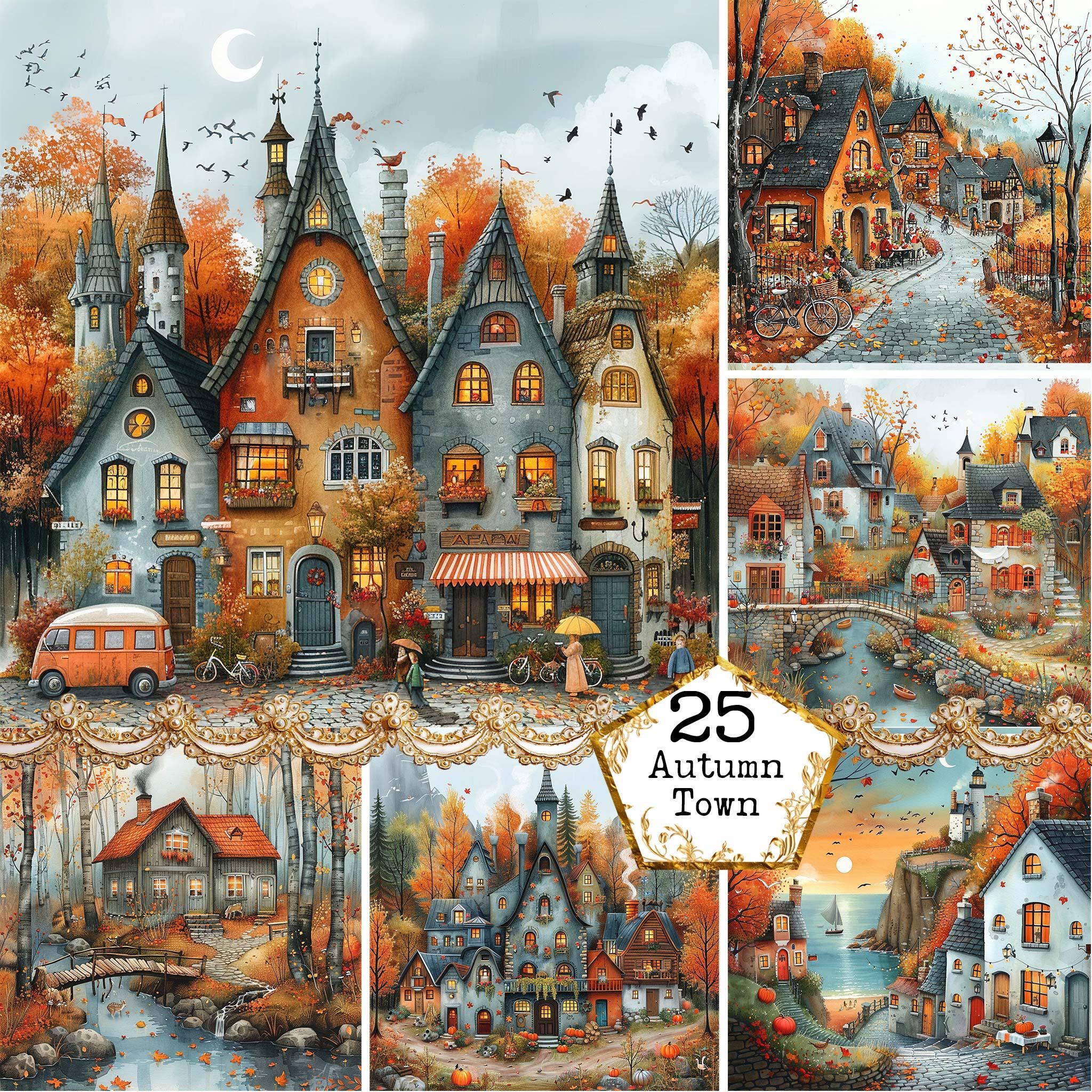 JPEG Quirky Whimsical Autumn City Scenery Graphics Bundle