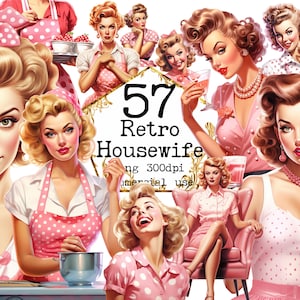Vintage Polka Dot Housewife Clipart Bundle, Transparent '50 PNG, House Chores, Red dress, Scrapbook, Junk Journal, Paper Crafts Scrapbooking