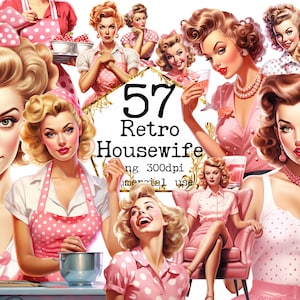 Zestaw Vintage Polka Dot Housewife Clipart, Transparentny '50 PNG, Obowiązki domowe, Czerwona sukienka, Album, Dziennik śmieci, Papierowe rzemiosło Scrapbooking