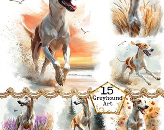 May include: A collection of five watercolor paintings featuring greyhounds running in different settings. The paintings depict the dogs running through fields of lavender, a forest, a beach, and a field of autumn leaves. The paintings are all in a similar style, with a soft, watercolor effect.