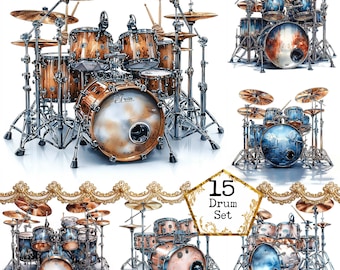 Könnte beinhalten: Verschiedene Schlagzeug-Sets in Braun- und Goldtönen mit silbernen Ständern und goldenen Becken. Das Bild enthält ein Schlagzeug-Set mit dem Text "15 Drum Set". Geeignet für Musiker.