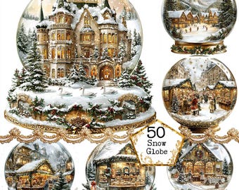 JPEG Akvarell Jul Snöglob Clipart Bundle Vinterscen Vinterlandskap Direktnedladdning Papperspyssel Skräpjournal Scrapbooking