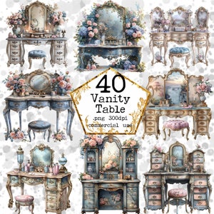 May include: A set of 40 digital images of vintage vanity tables with ornate details, featuring floral accents and mirrors. The images are high-resolution and perfect for crafting projects, scrapbooking, and digital design.