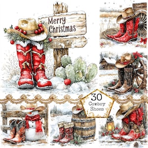 Bundle de cliparts de chaussures de cowboy de Noël aquarelle JPEG Cowboy Clipart Far West Art Téléchargement instantané Papier Artisanat indésirable Journal Scrapbooking