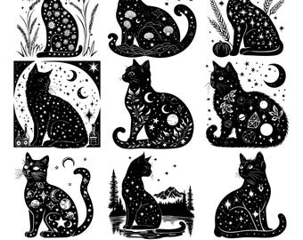 Könnte beinhalten: Acht schwarze Katzenillustrationen mit einem himmlischen Thema. Jede Katze ist mit einer anderen Konstellation, einem Mond oder einem Sternenmuster dargestellt. Die Katzen sind in verschiedenen Posen, einschließlich sitzend, stehend und liegend.
