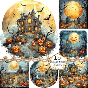 JPEG Illustration de paysages hantés la veille d'Halloween fantôme épouvantail chaudron lune graphiques cimetière papier artisanat indésirable journal scrapbooking
